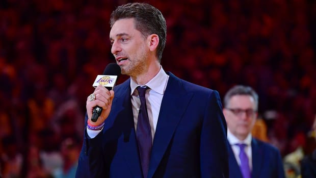 Former Los Angeles Lakers player Pau Gasol speaks during his jersey retirement during halftime at Crypto.com Arena.
